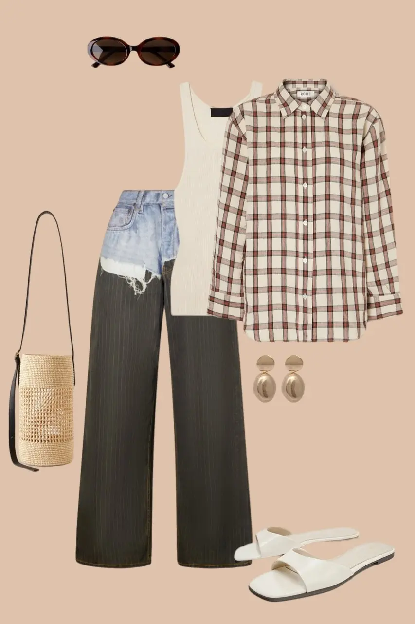 Dark olive wide leg jeans with brown checked shirt over white tank oval sunglasses woven bucket bag gold oval earrings white sandals layered outfit 7