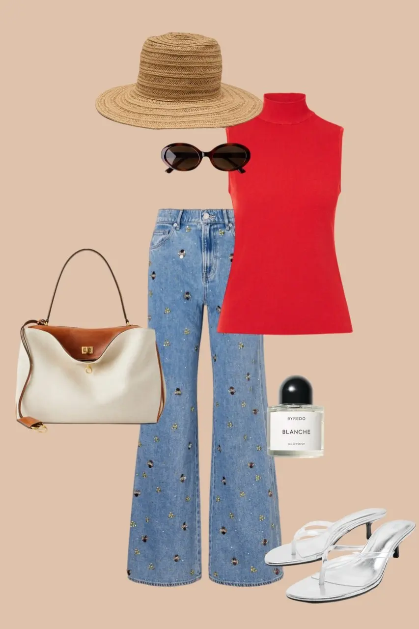 Embellished wide leg jeans with small floral details red halter top straw wide brim hat oval sunglasses cream tote bag clear heeled sandals vacation outfit 8
