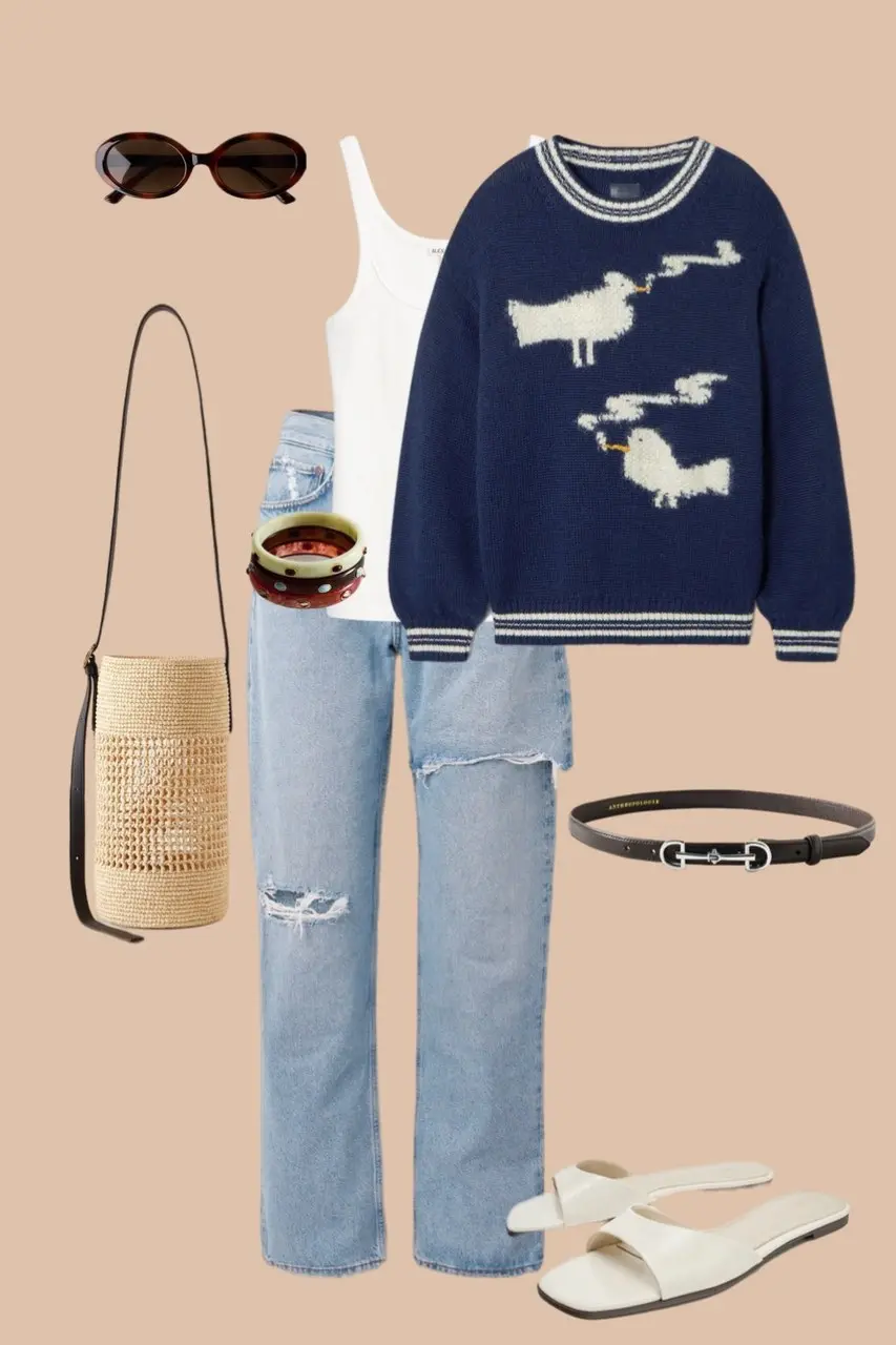 Light wash distressed wide leg jeans with navy sheep motif sweater over white tank oval sunglasses woven bucket bag colorful stacked bracelets white sandals whimsical outfit 9