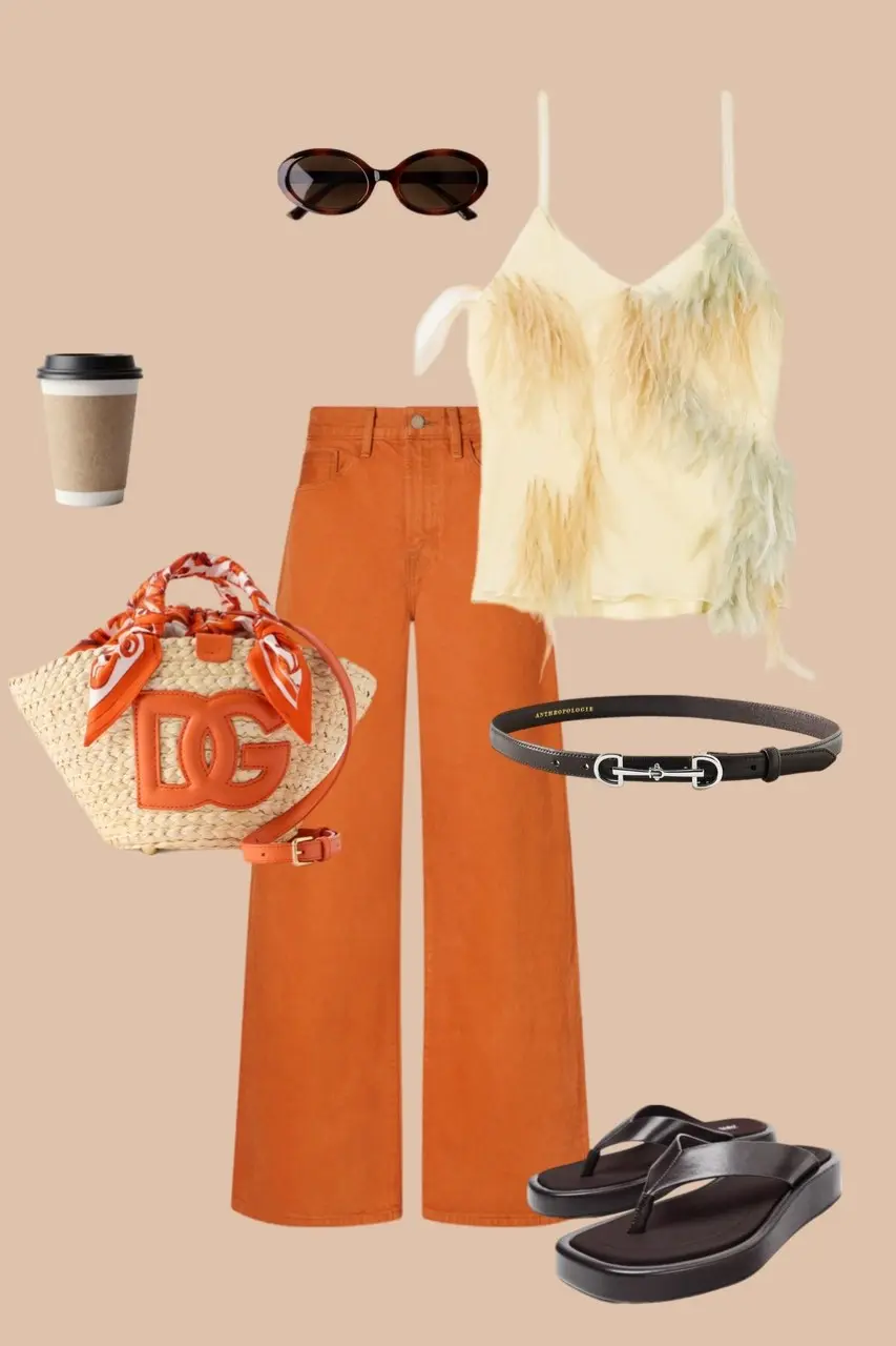 Orange wide leg jeans with cream feathered camisole oval sunglasses straw bag with orange logo black belt platform sandals textured outfit 10