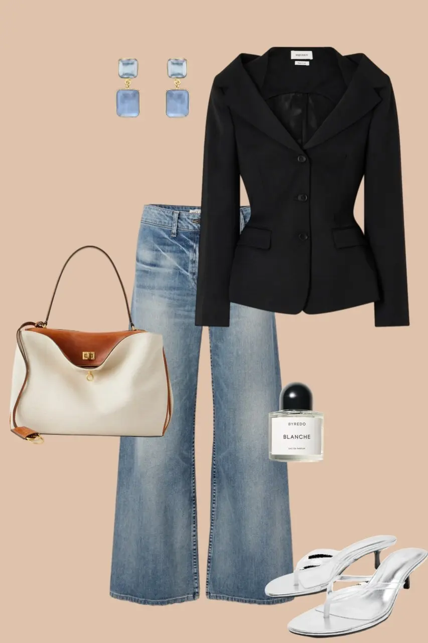 Light wash wide leg jeans with black structured blazer blue gemstone earrings cream tote bag clear heeled sandals professional outfit 12