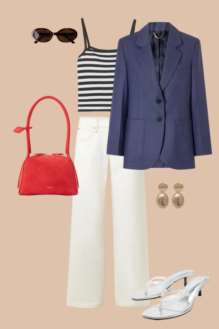 Cream wide leg jeans with navy oversized blazer black white striped camisole oval sunglasses red structured bag gold oval earrings clear heeled sandals preppy sophisticated outfit 13