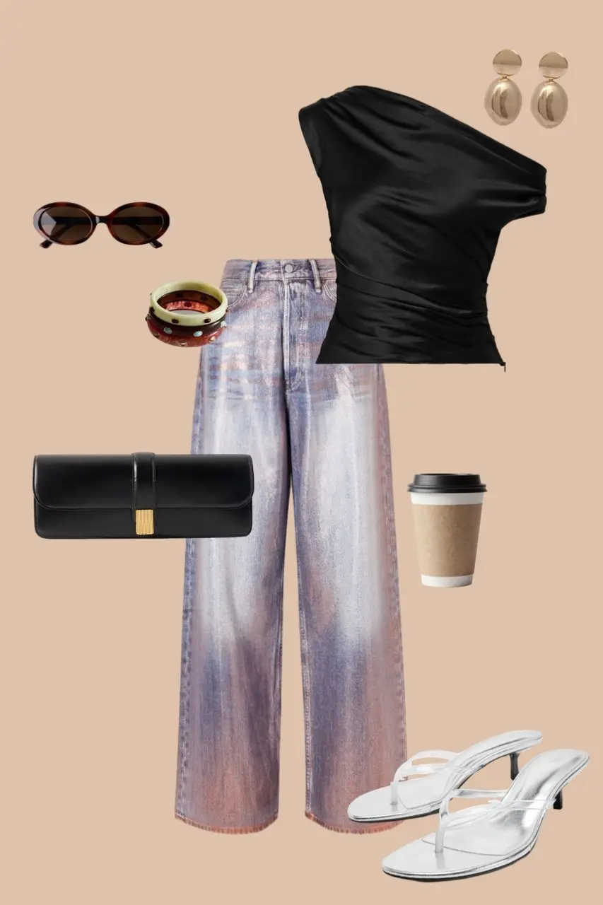 Acid wash wide leg jeans with black one shoulder leather top oval sunglasses colorful stacked bracelets black structured clutch clear heeled sandals evening outfit 14