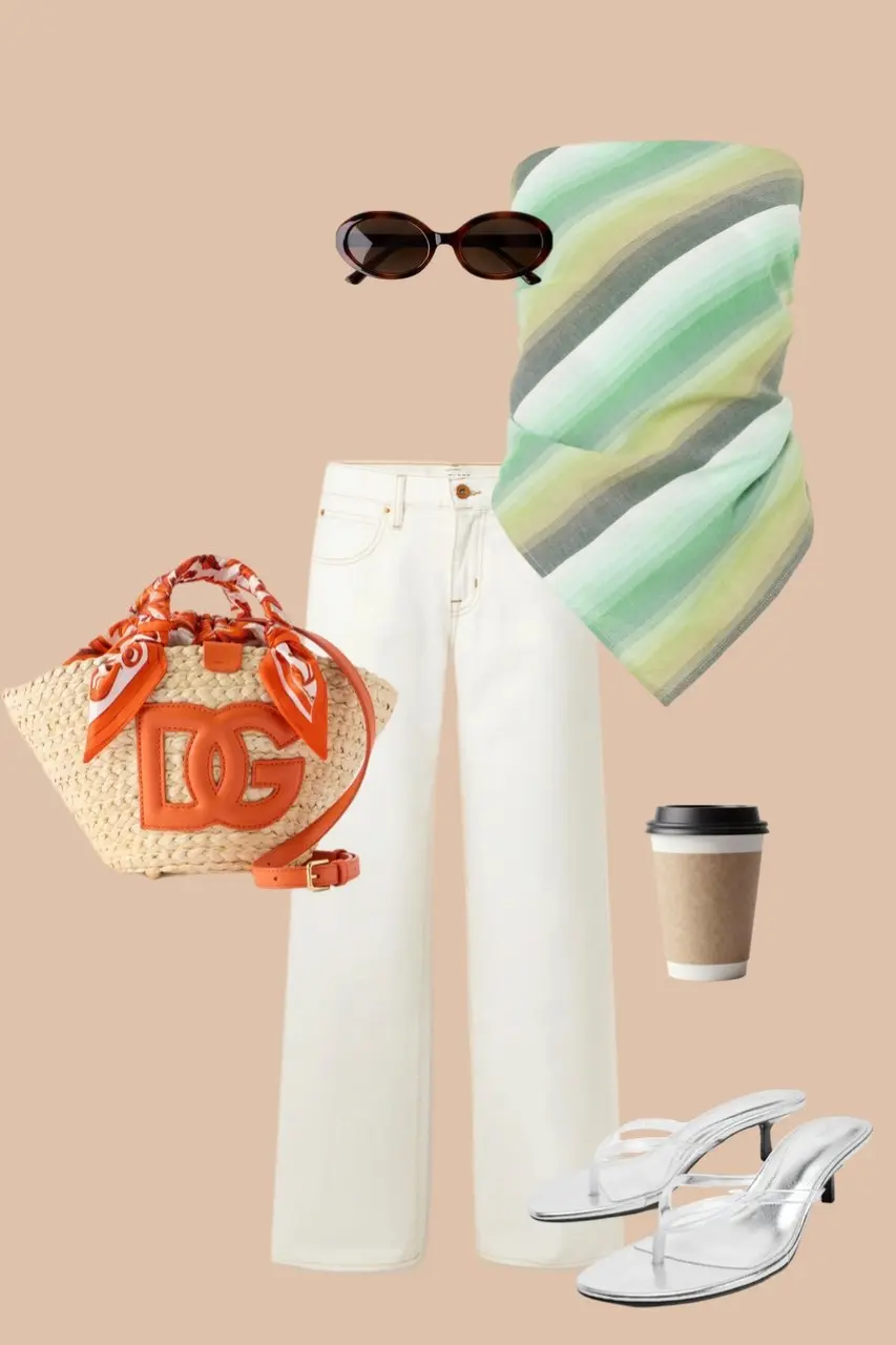 Cream wide leg jeans with watercolor asymmetrical strapless top oval sunglasses straw bag with orange logo clear heeled sandals artistic outfit 15