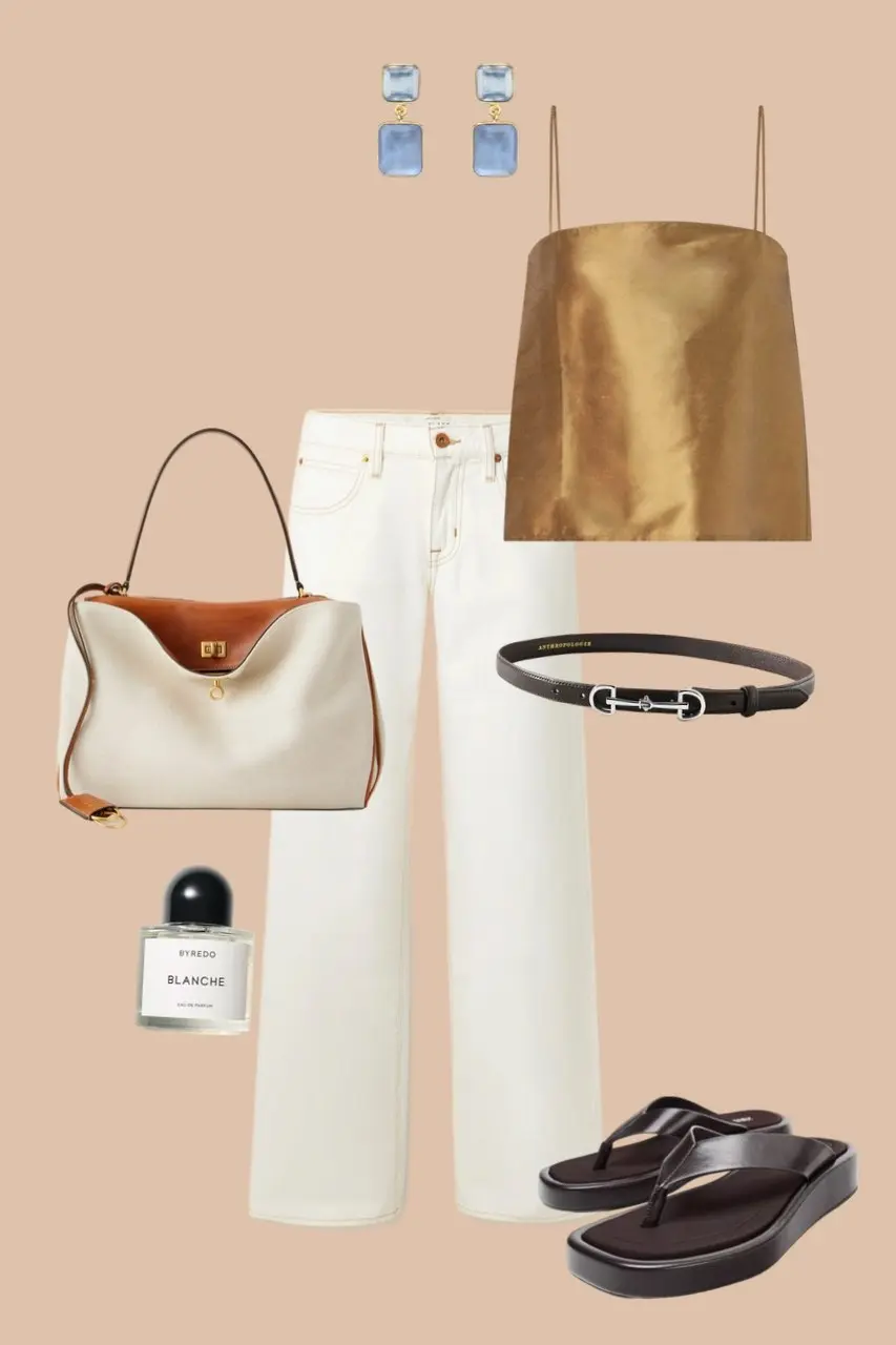 White wide leg jeans with gold satin camisole blue gemstone drop earrings cream tote bag black thin belt black platform sandals elevated casual outfit 17