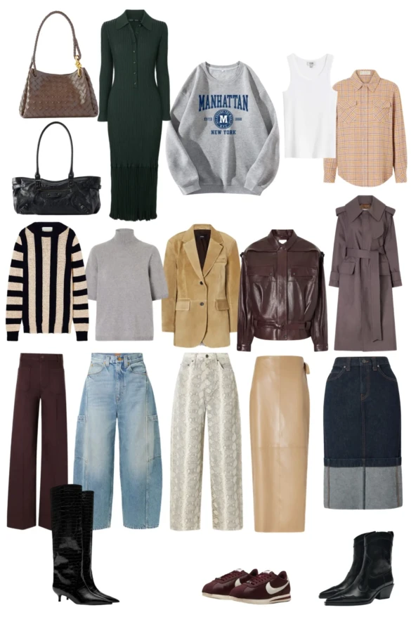 Gray turtleneck chocolate brown wide leg trousers leather jacket black boots crossbody bag fall outfit 1