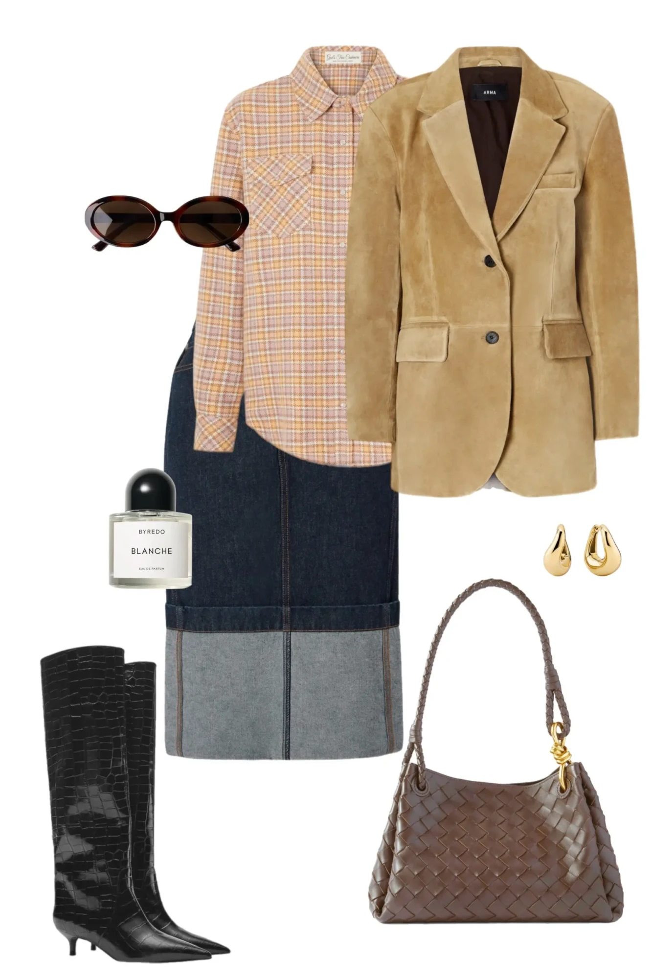 Taupe trench coat gray sweater cream snake print trousers black western boots brown bag fall outfit 3