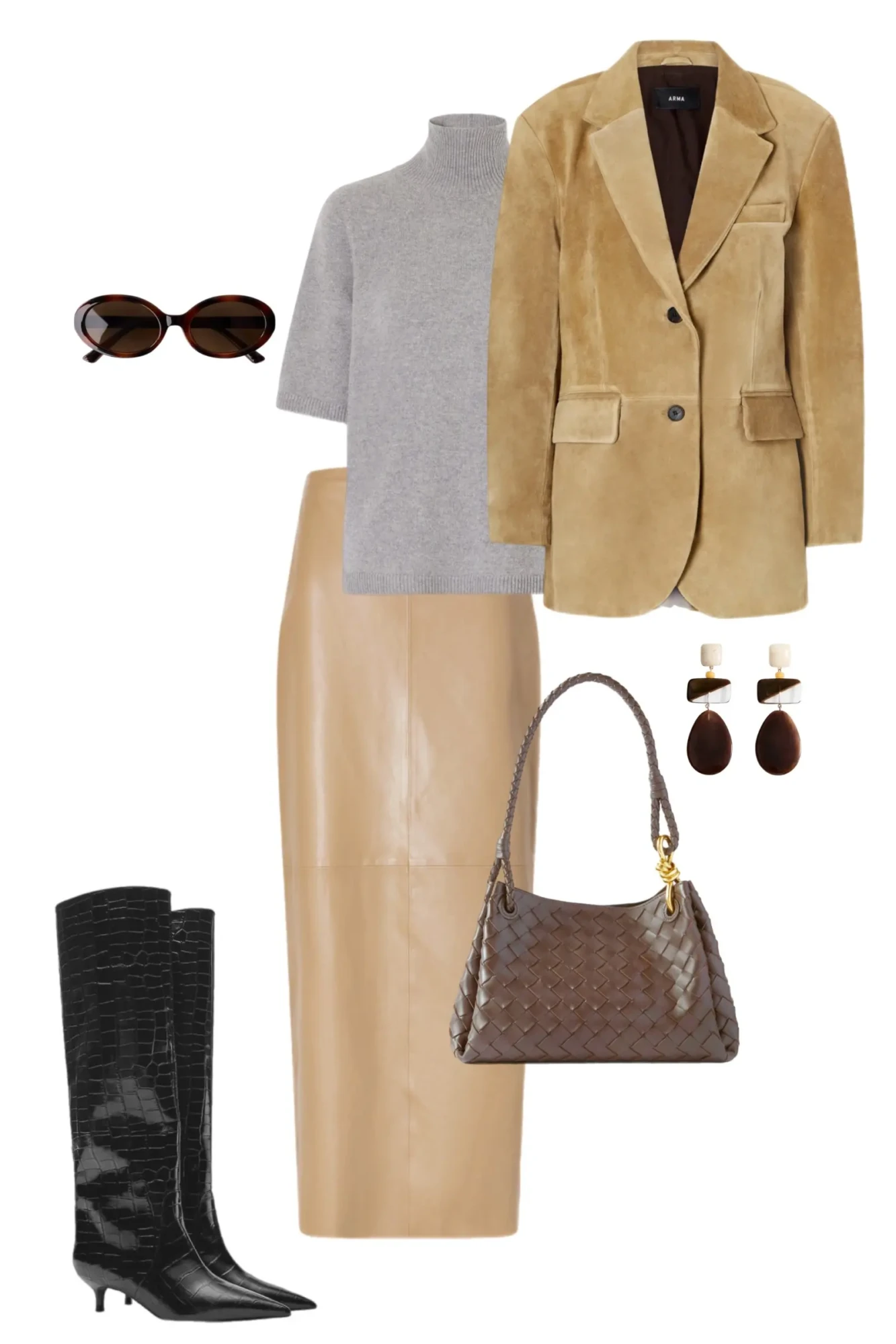 Camel blazer white tank top snake print trousers straw fedora hat black leather tote tortoise sunglasses fall outfit 9
