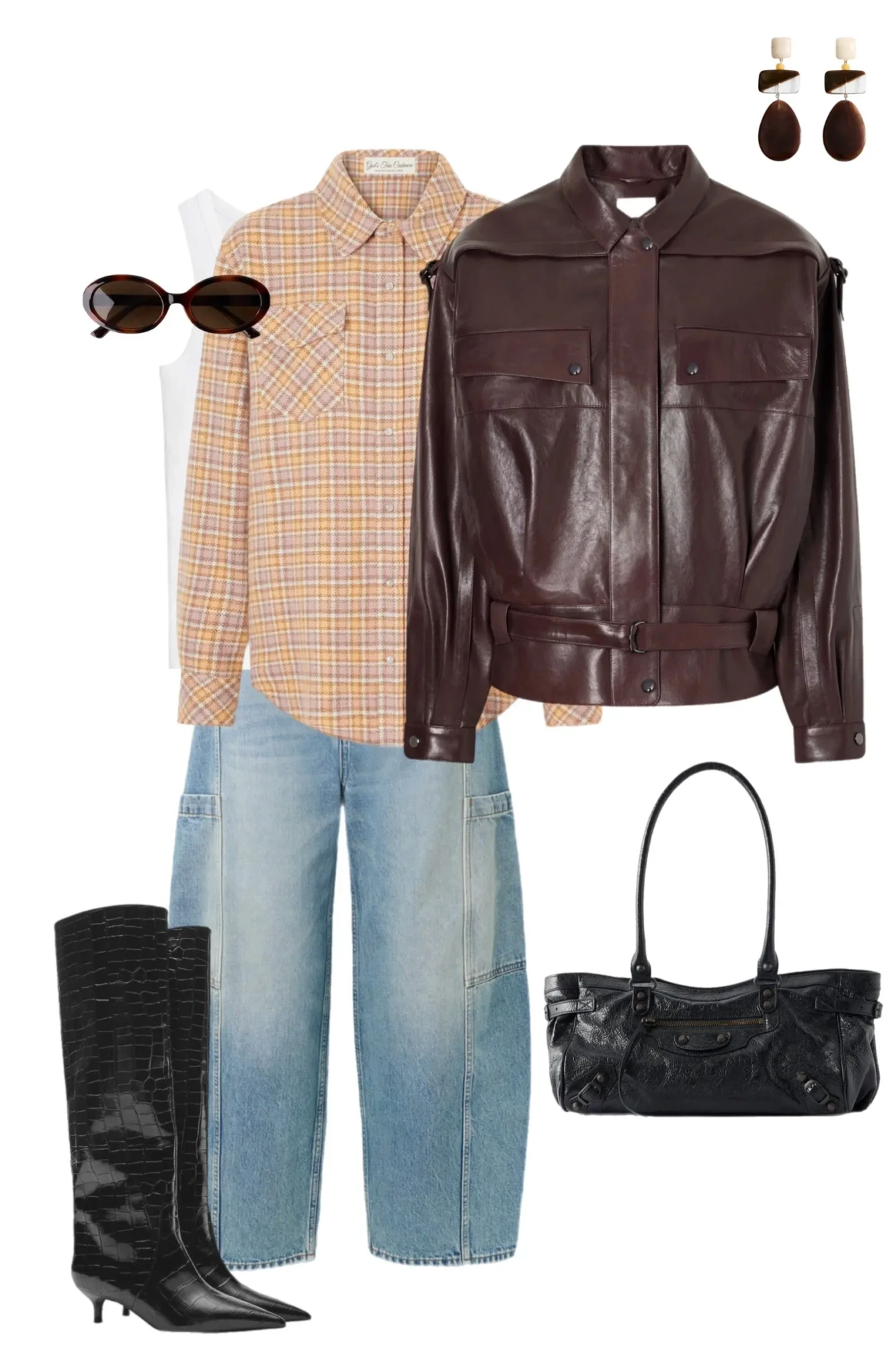 Navy cream striped sweater snake print trousers black leather tote black western boots tortoise sunglasses fall outfit 11