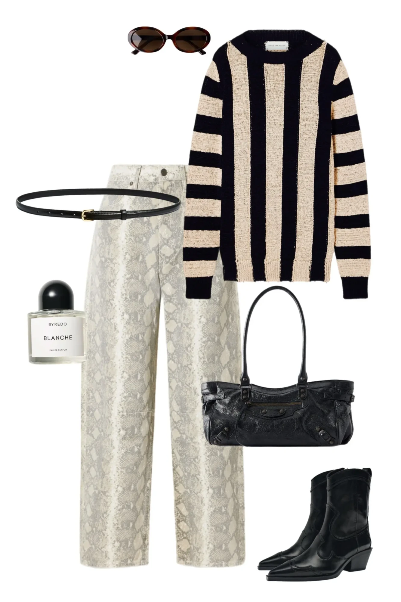 White tank top chocolate brown wide leg trousers taupe trench coat black leather tote black western boots fall outfit 12