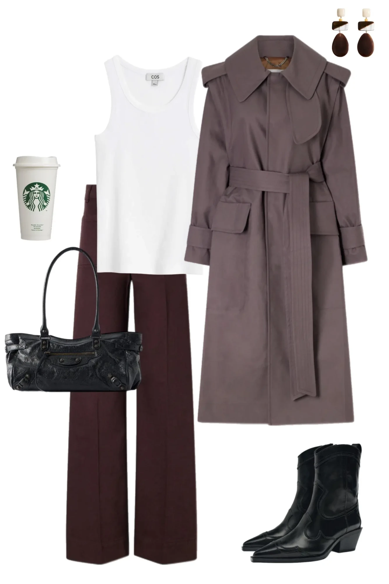 Gray Manhattan sweatshirt white tank top chocolate brown wide leg trousers brown woven bag burgundy sneakers fall outfit 13