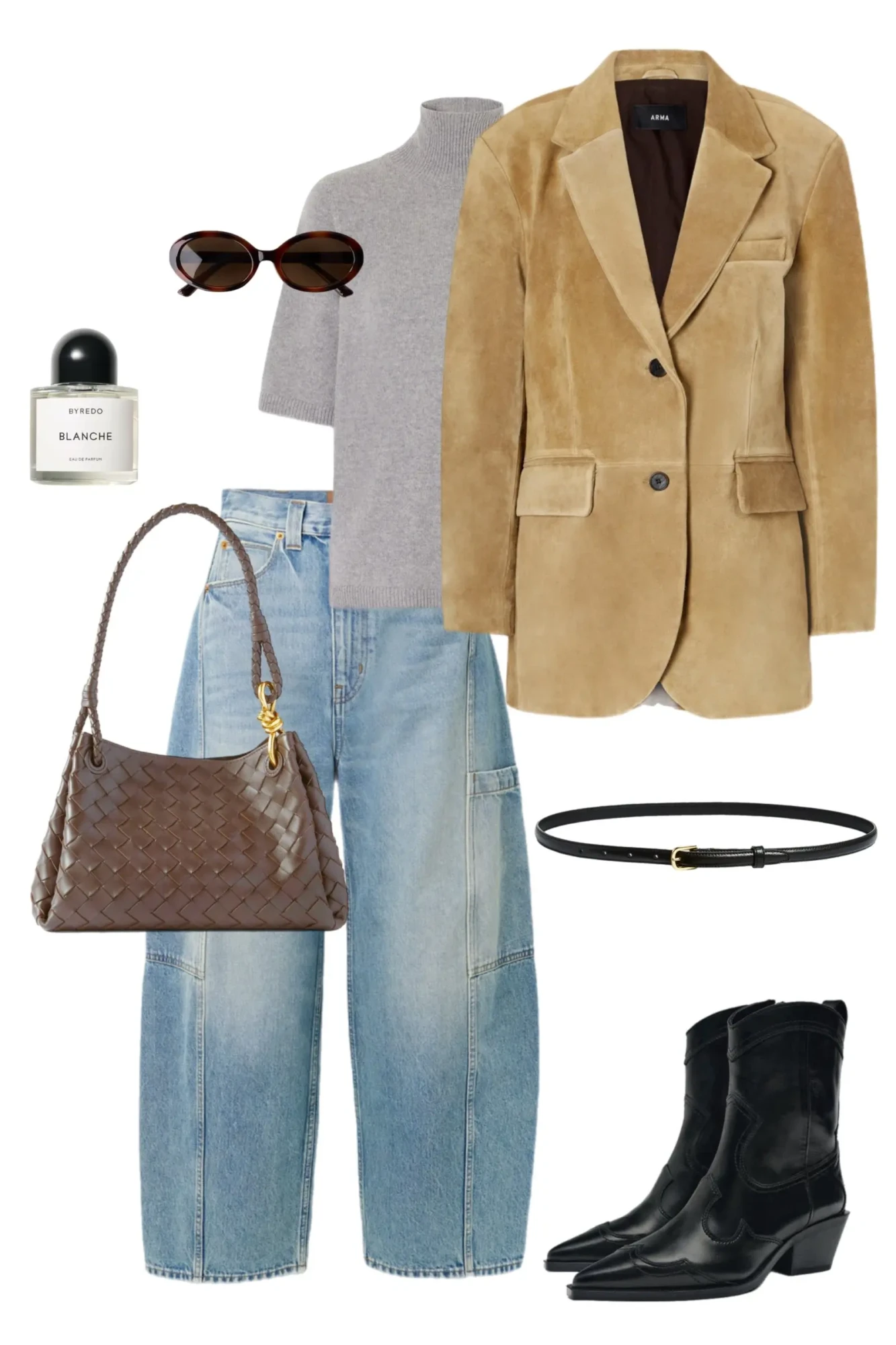 Brown leather jacket navy cream striped sweater denim patchwork skirt black leather tote croc textured boots blue silver earrings fall outfit 16