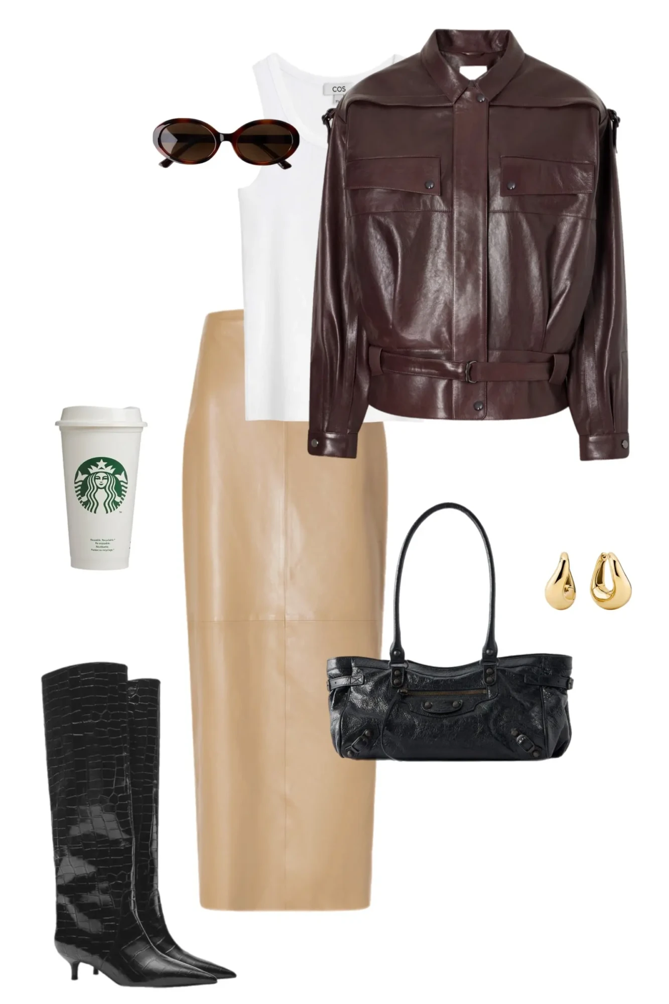 Gray turtleneck denim patchwork skirt camel blazer black leather tote croc textured knee high boots fall outfit 17