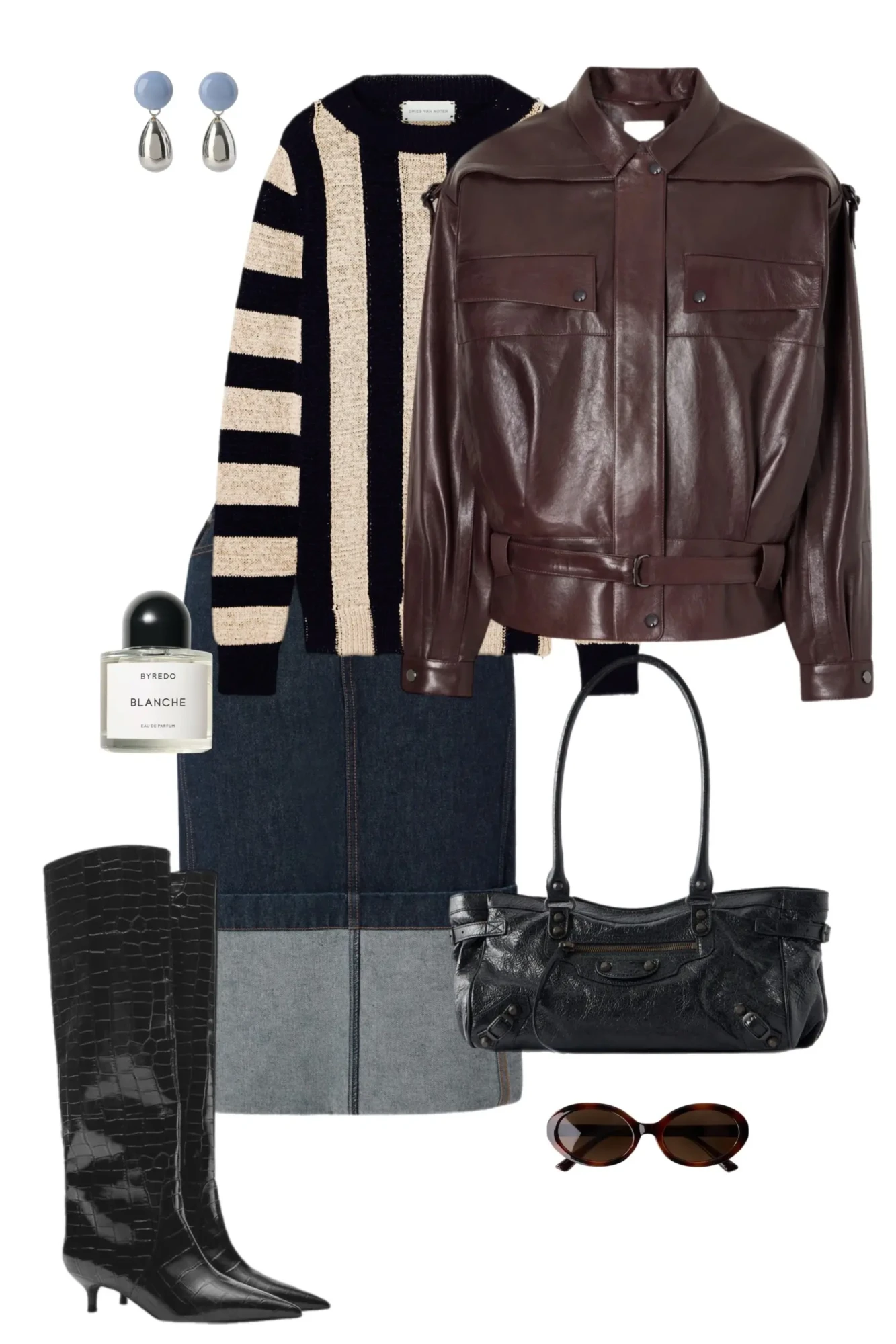 Gray turtleneck light wash carpenter jeans camel blazer brown woven bag black western boots thin black belt fall outfit 18
