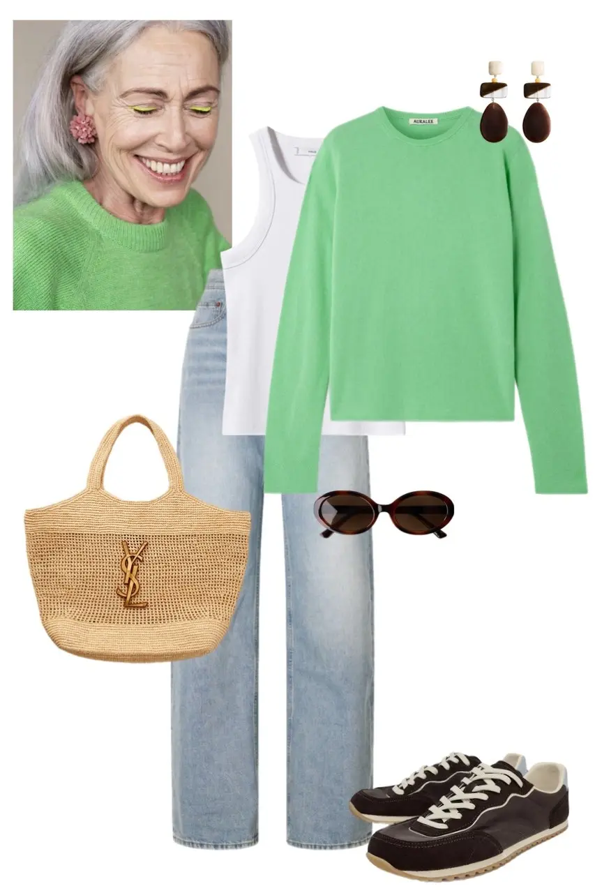Green sweater light blue jeans brown sneakers woven tote bag casual spring outfit 1