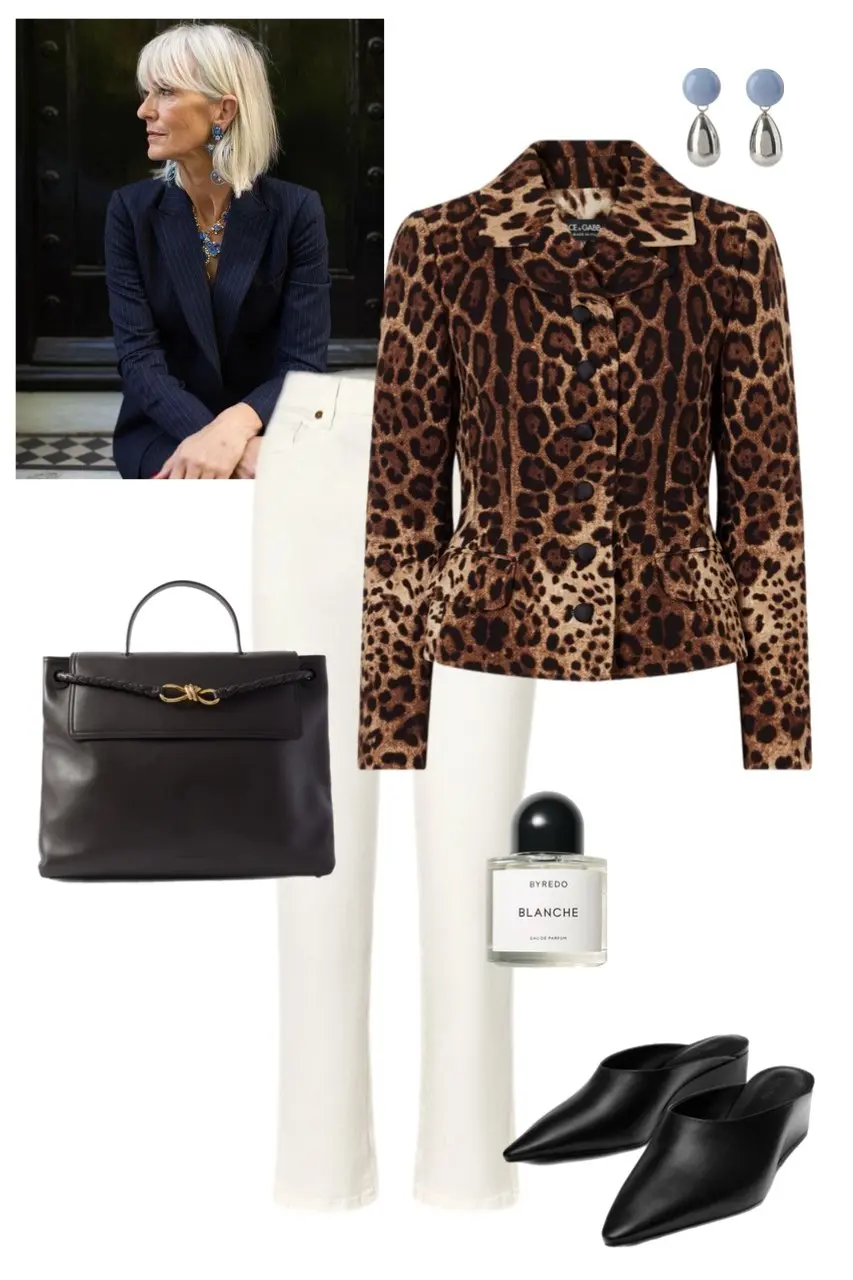 Leopard print blazer white pants navy top black handbag sophisticated mature style 2