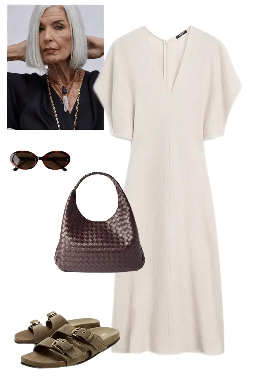 Oversized beige linen dress brown woven hobo bag flat sandals relaxed summer style 3
