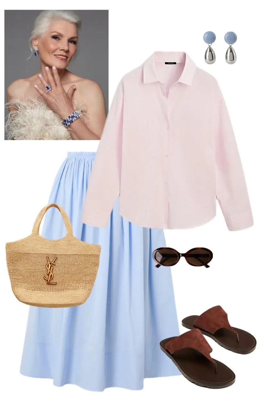 Light pink shirt powder blue full skirt woven tote flat sandals pastel spring outfit 4
