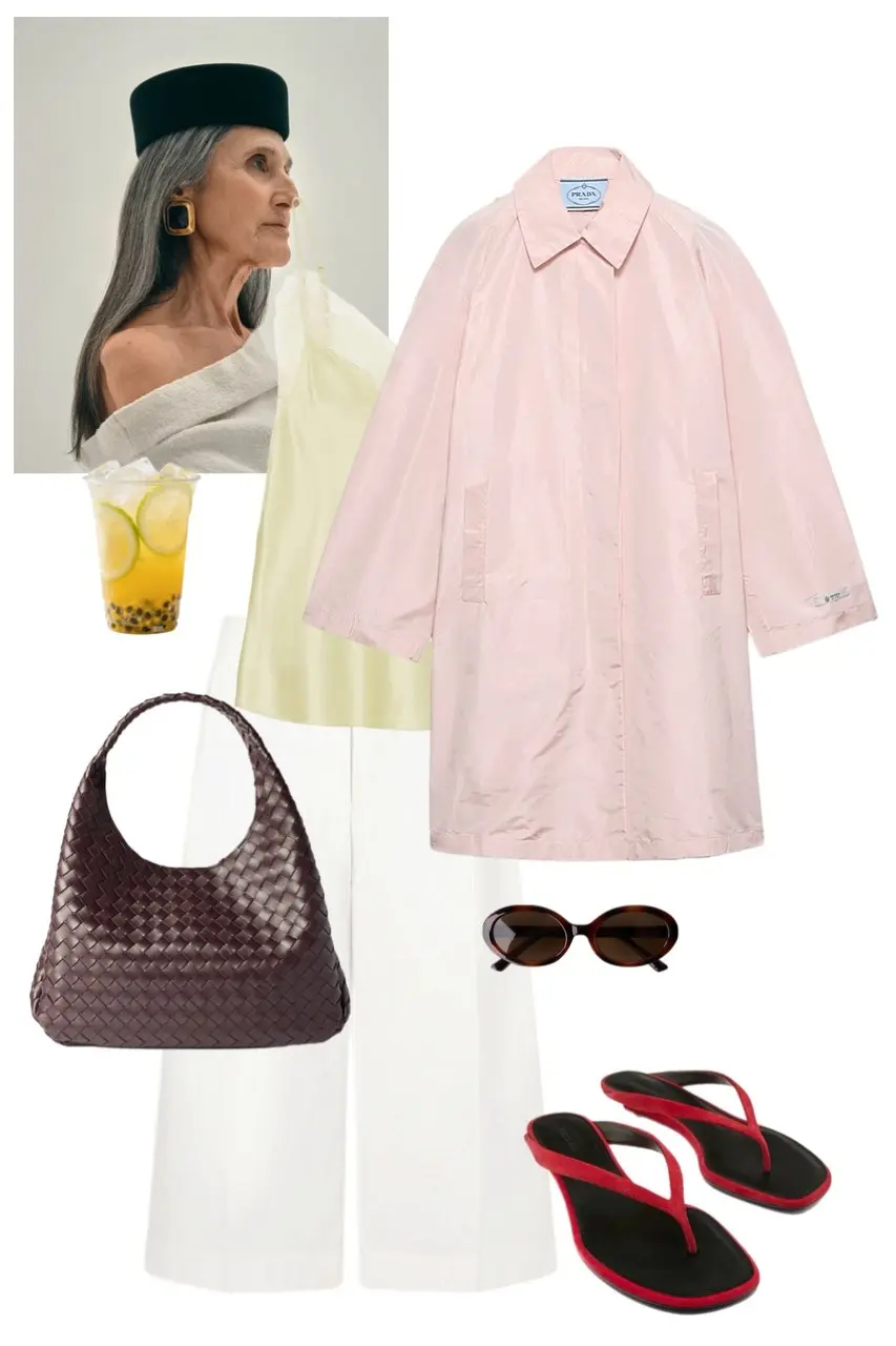 Pink trench coat cream outfit brown woven bag red sandals statement outerwear look 5