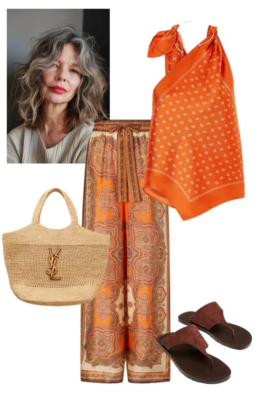 Orange paisley wide leg pants dotted halter top brown leather sandals pattern mixing bohemian style 6