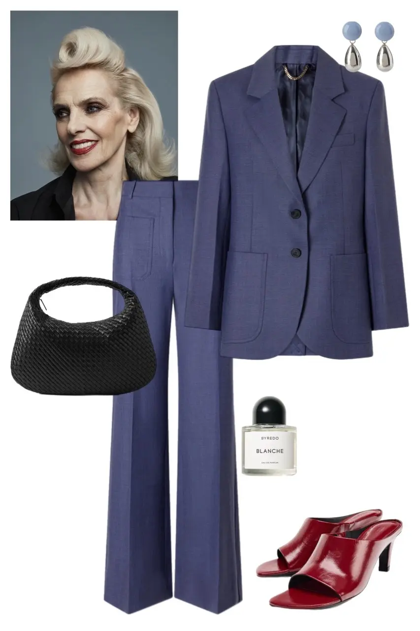 Navy oversized blazer wide leg pants black woven bag red mule heels modern suiting 7