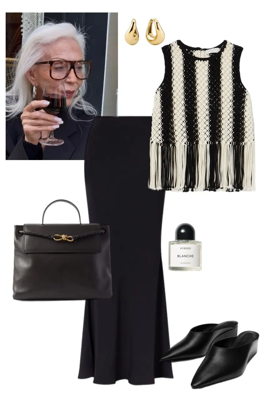 Black dress fringed crochet vest black handbag pointed mules textural sophisticated evening look 8
