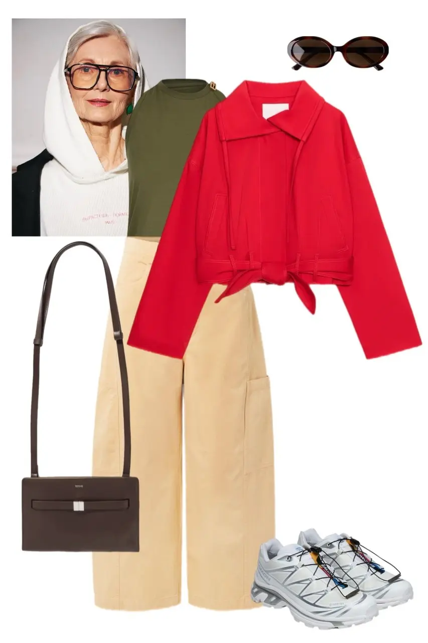 Red cropped tie jacket beige wide leg trousers brown leather bag white sneakers color pop outfit 9