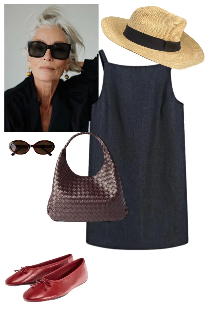 Navy denim sleeveless dress straw hat brown woven bag red ballet flats summer casual chic 10