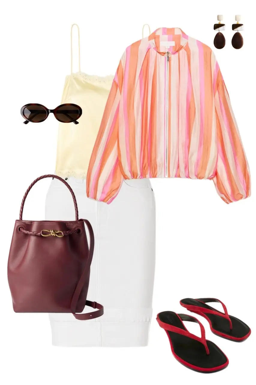 Pink white striped zip jacket white straight pants brown bucket bag red flip flops sporty chic mix 11