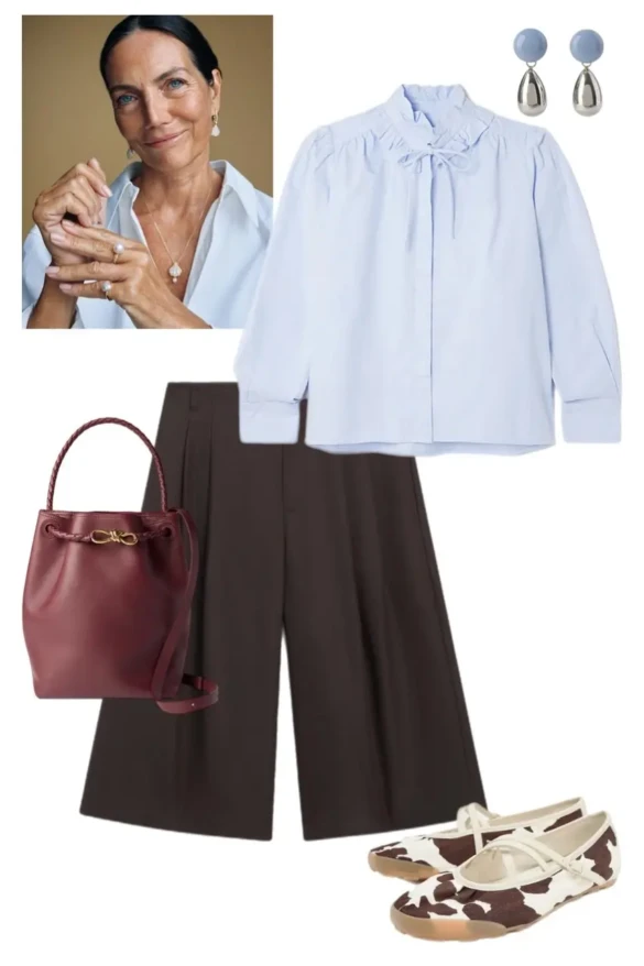Light blue pussy bow blouse dark brown wide leg pants printed flats burgundy bucket bag romantic professional 12