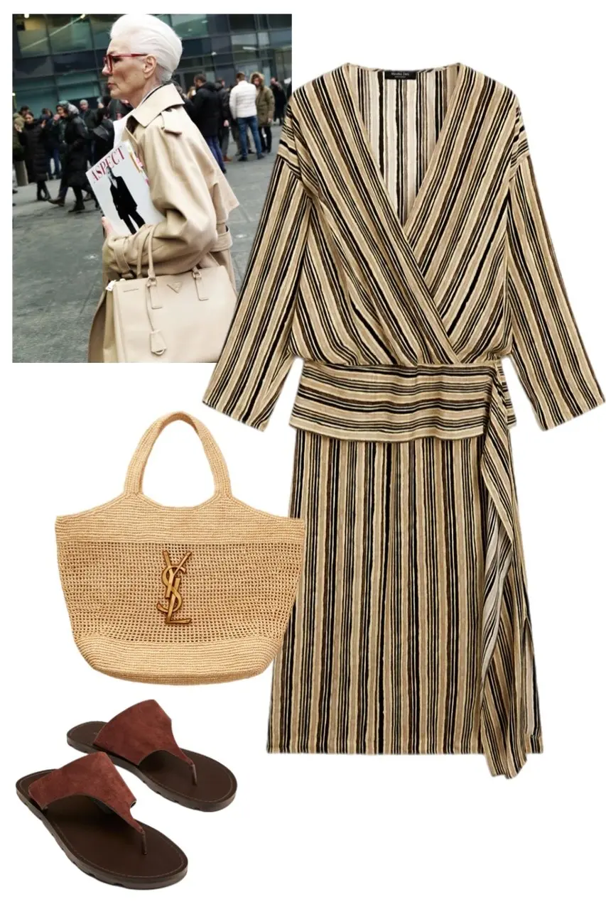 Brown beige striped wrap dress woven tote suede flip flops sophisticated pattern mixing wrap silhouette 13