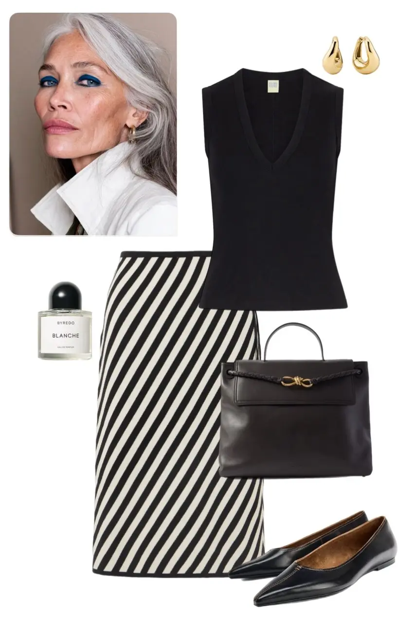 Black sleeveless top diagonal striped pencil skirt black leather bag pointed flats monochromatic office chic 14