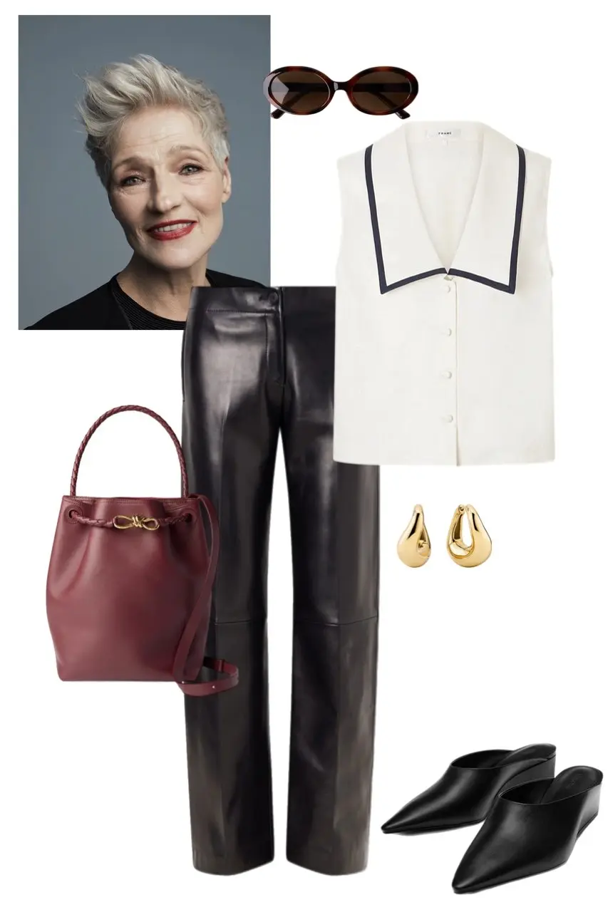White vest navy trim black leather pants burgundy bag pointed mules preppy modern contrast details 15