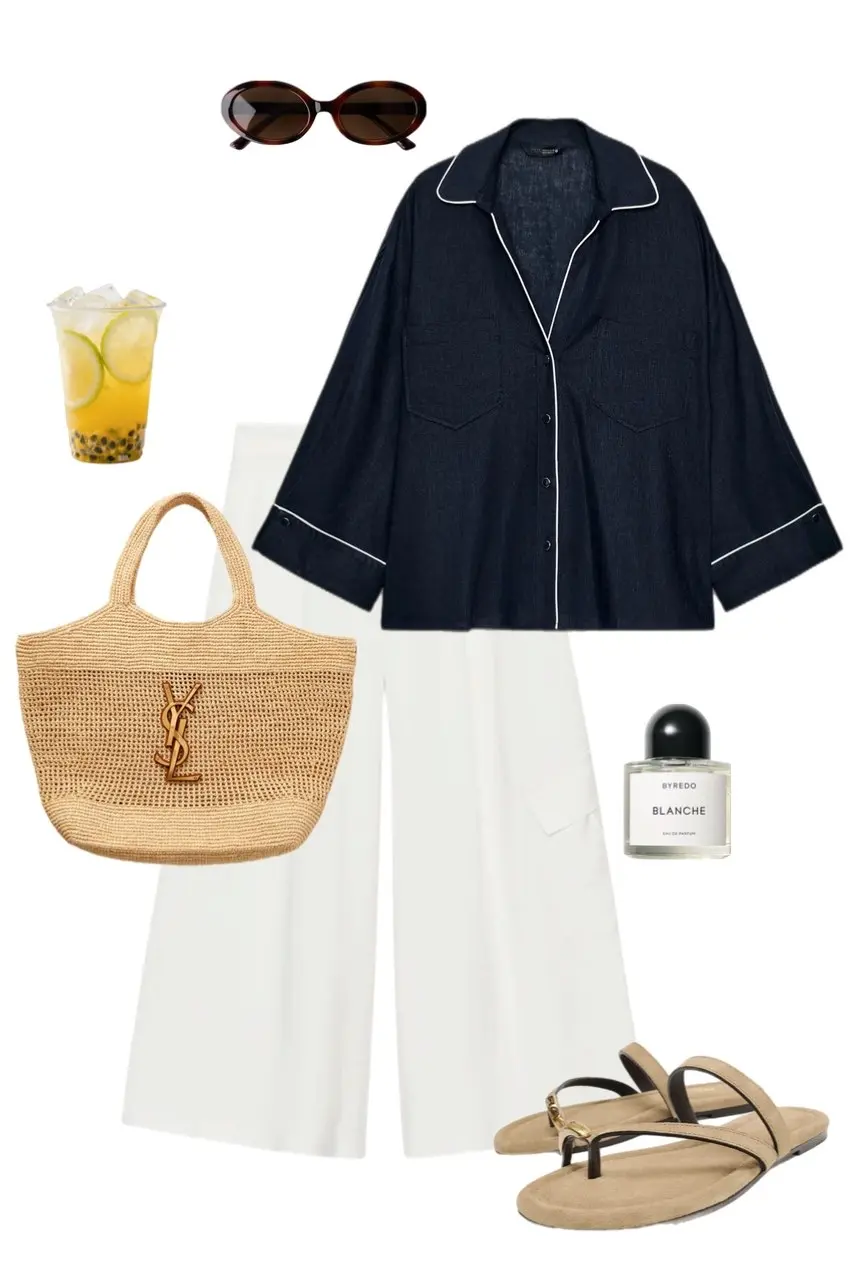 Navy linen pajama shirt white wide leg pants woven tote flat sandals relaxed luxury comfortable sophisticated 16