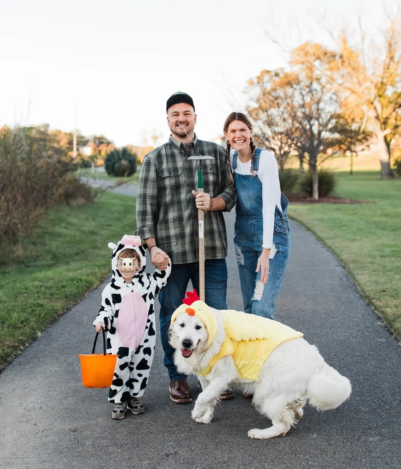 family in winnie the pooh costumes, woman in pooh yellow red outfit, man in tigger orange stripes, child in piglet pink costume winnie pooh family outfits 14