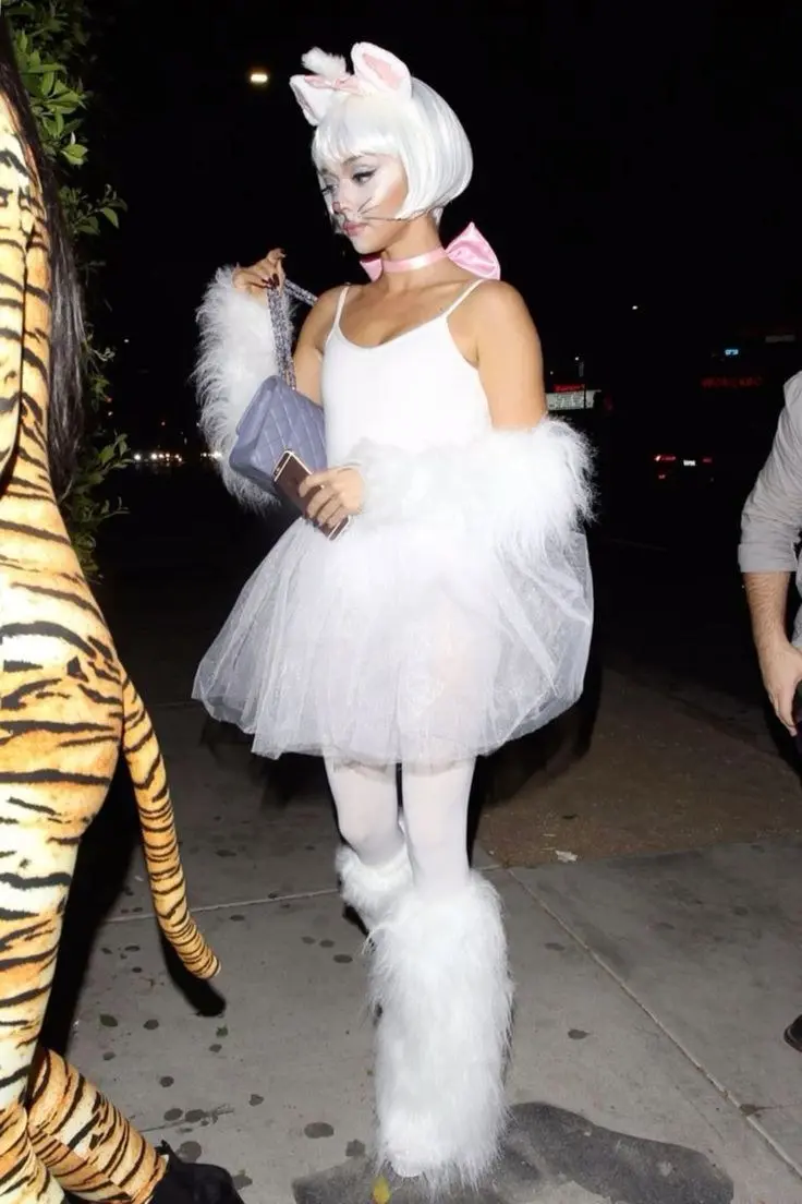 white bodysuit with white cat ears headband fluffy white tail leg warmers outfit 10