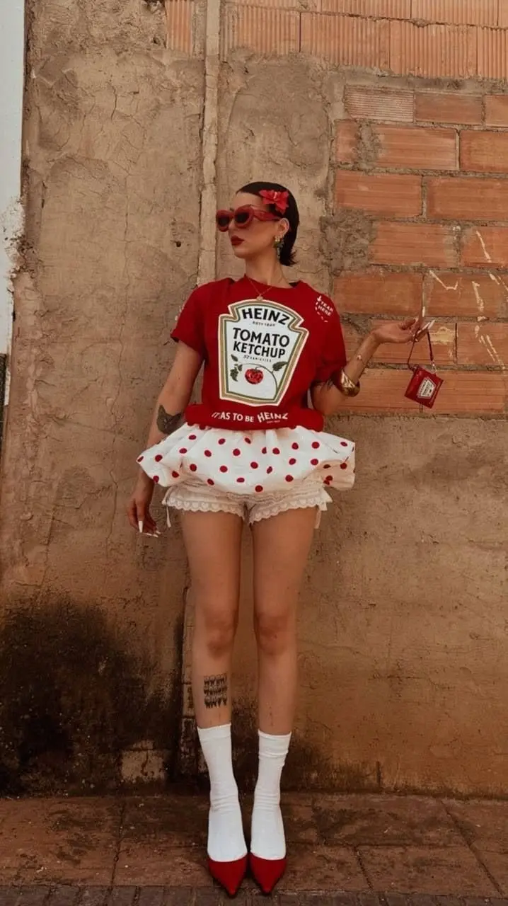 red heinz ketchup branded top with white polka dot skirt red accessories headband outfit 15