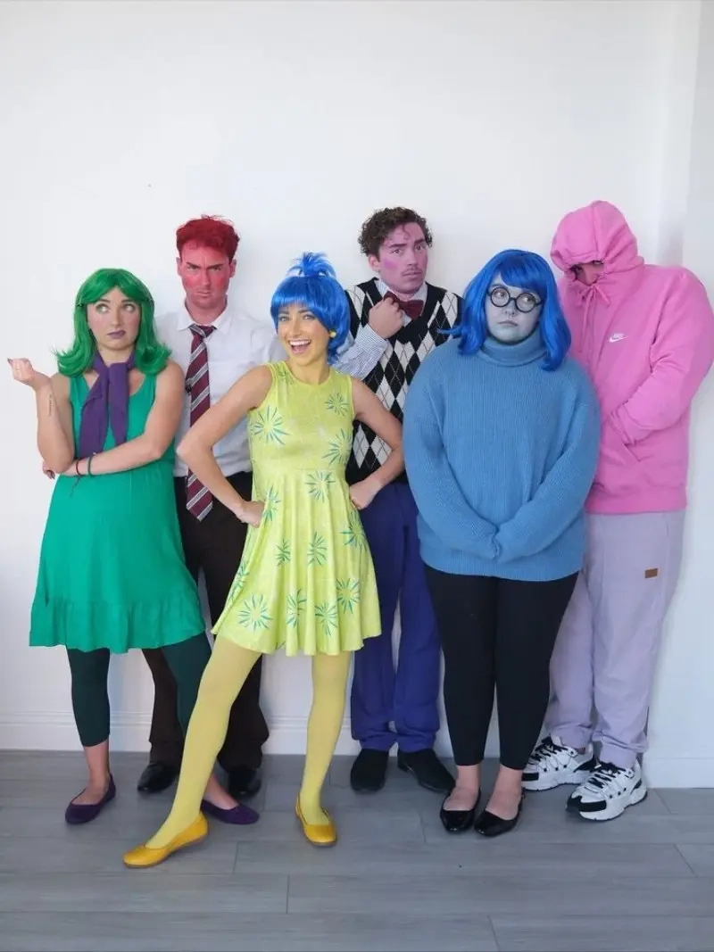 group of people in inside out emotion costumes with colored wigs and matching outfits outfit 7