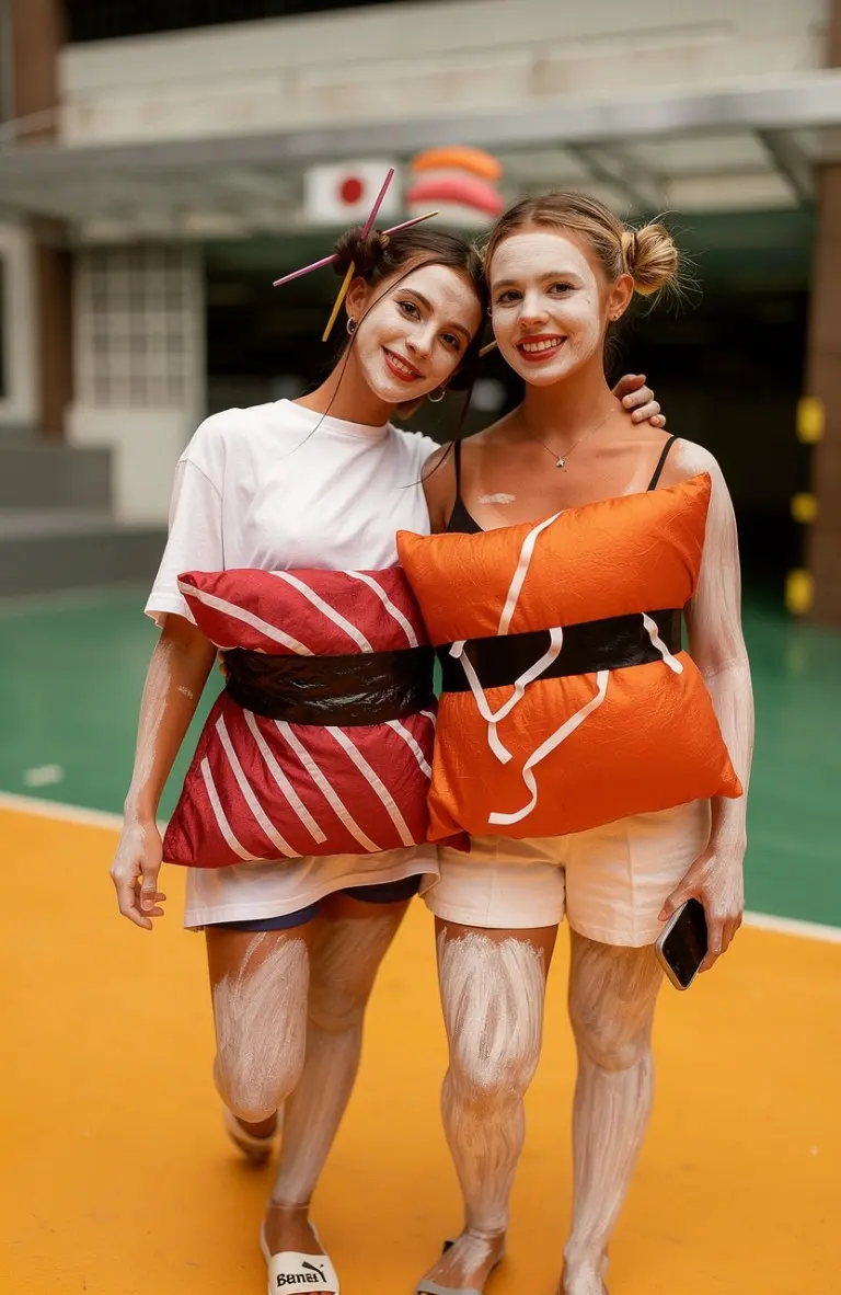 two women wearing sushi roll costumes in orange and red colors outfit 3
