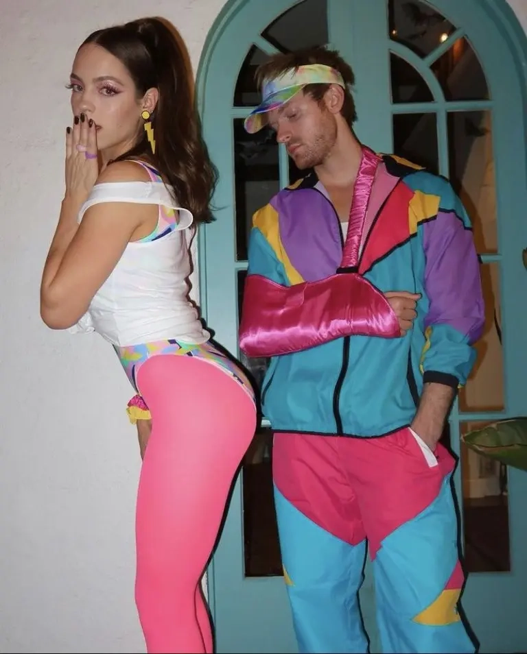 woman white pink tracksuit man turquoise pink tracksuit 80s windbreaker style costume 6