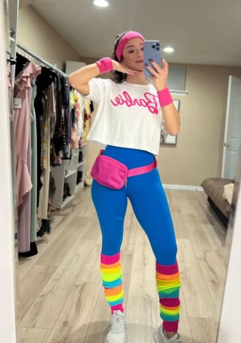 white barbie logo top blue leggings rainbow striped leg warmers pink fanny pack costume 12