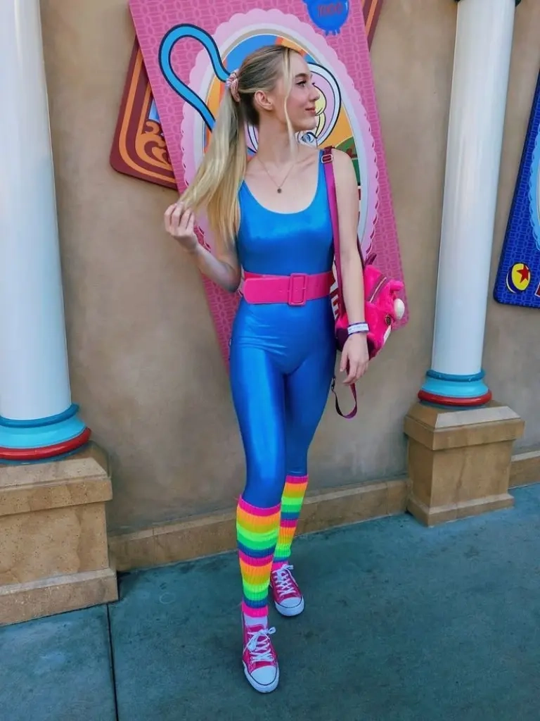 blue unitard pink belt rainbow striped leg warmers red sneakers pink bag costume 3