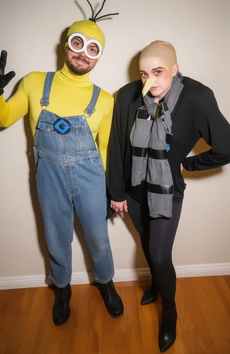 man in yellow shirt overalls goggles woman in black outfit striped scarf outfit 4