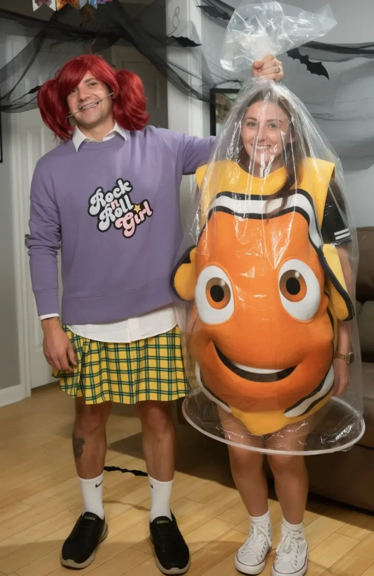 man in purple sweatshirt red wig woman in fish costume clear plastic bag outfit 6