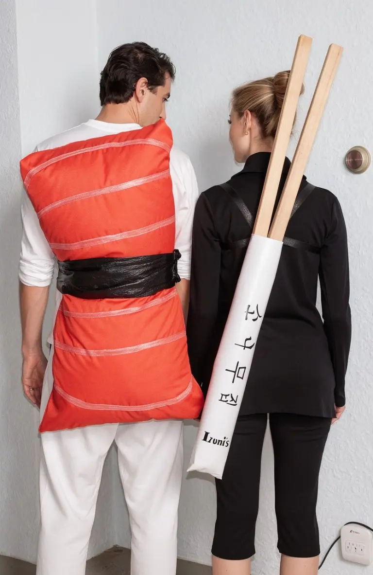 man in red white sushi costume woman in black outfit with chopstick props outfit 3