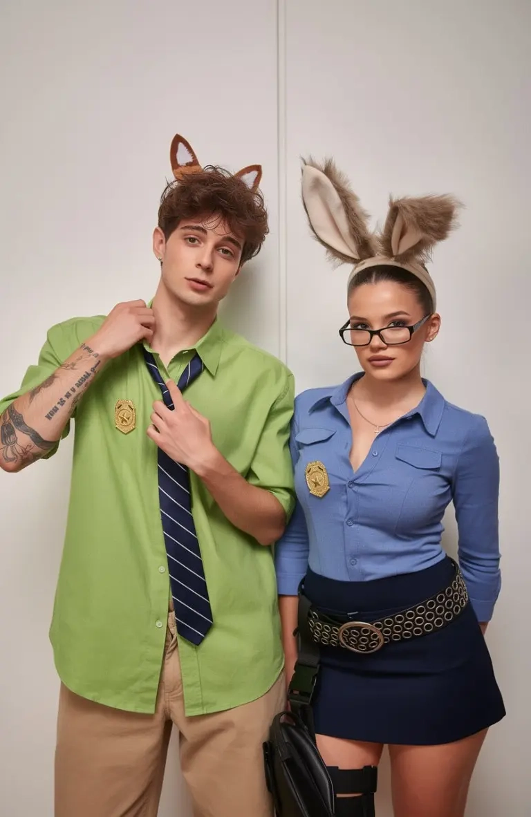 man in green shirt tie fox ears woman in blue police uniform bunny ears outfit 5