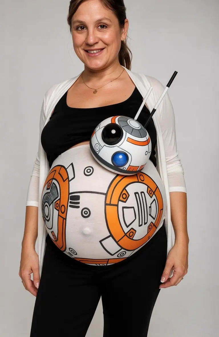 pregnant woman in white cardigan with BB-8 droid design painted on belly black pants 5