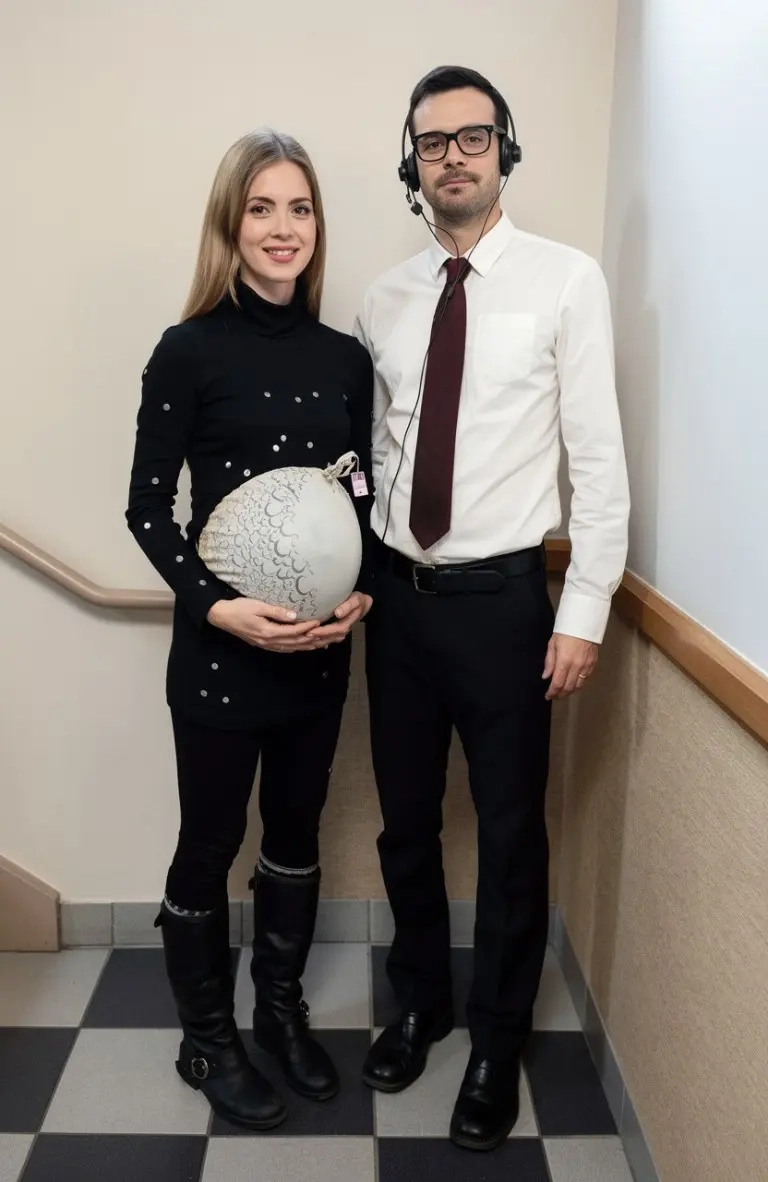 pregnant woman in black star-dotted top with white circle death star design partner kneeling in black 8