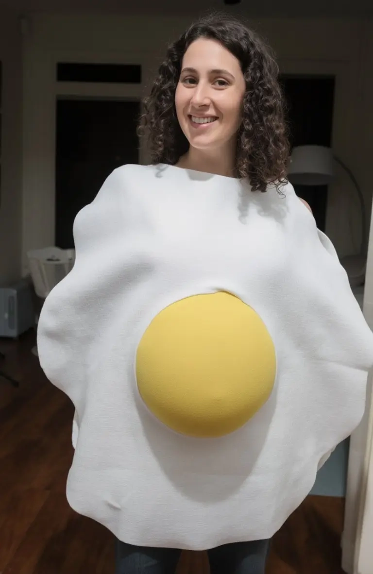 woman wearing white circular fabric with yellow center fried egg pregnancy halloween costume 1
