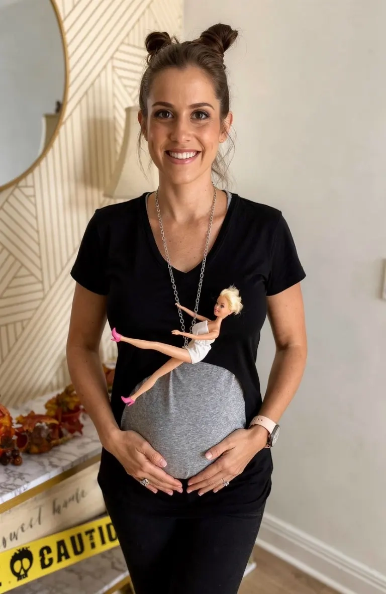 pregnant woman in black top with gymnast figure painted on belly space buns hairstyle 2
